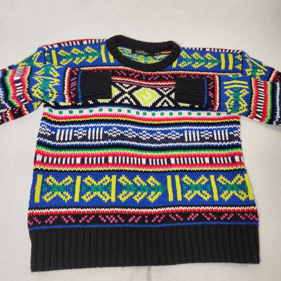 LAUREN Unisex Multicolor Geo-Motif Cotton-Linen Crewneck Sweater Size XS Ex. Con - Picture 5 of 16
